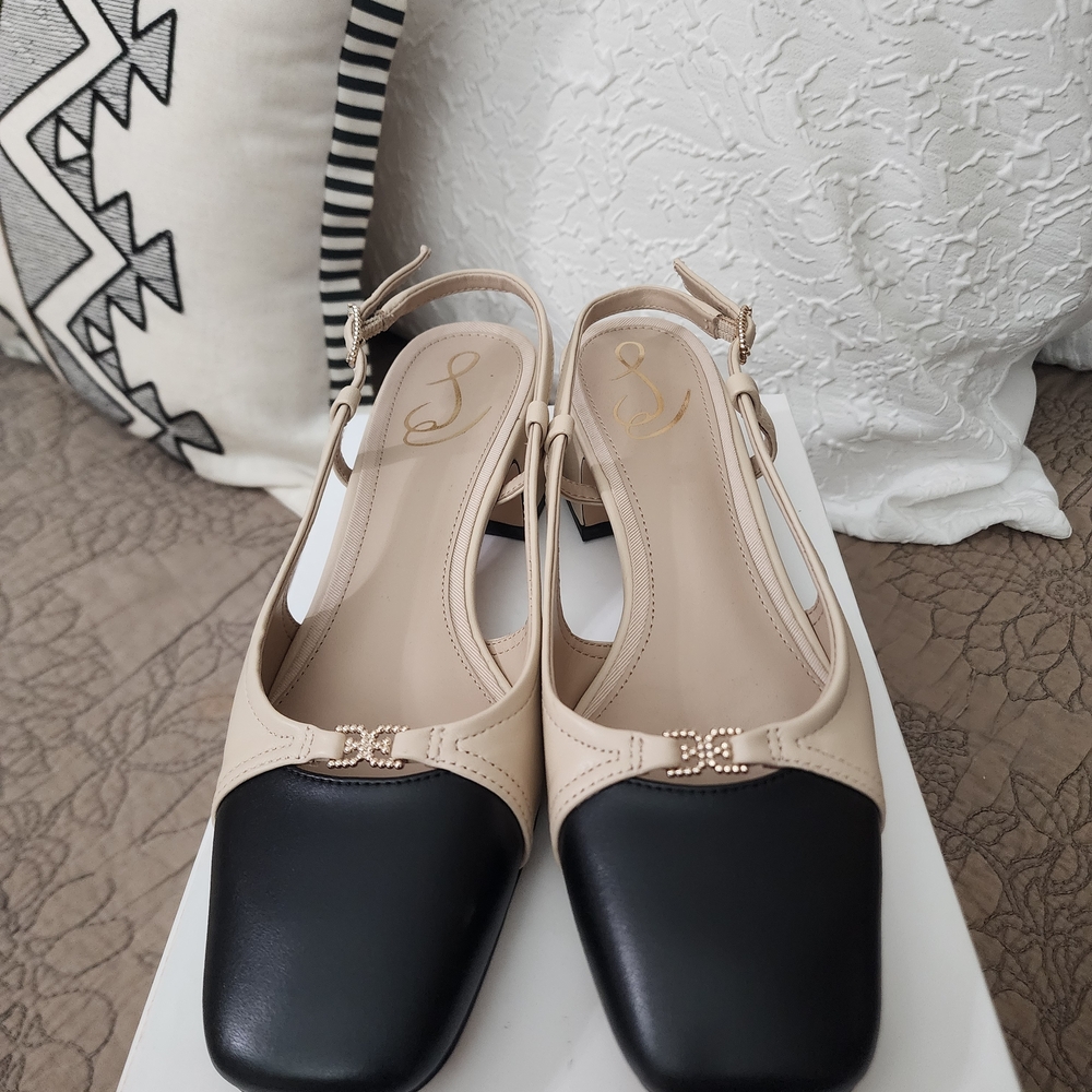 Sam Edelman Leather Black & Cream Terra Slingback Heels Like New Worn Once Sz 7